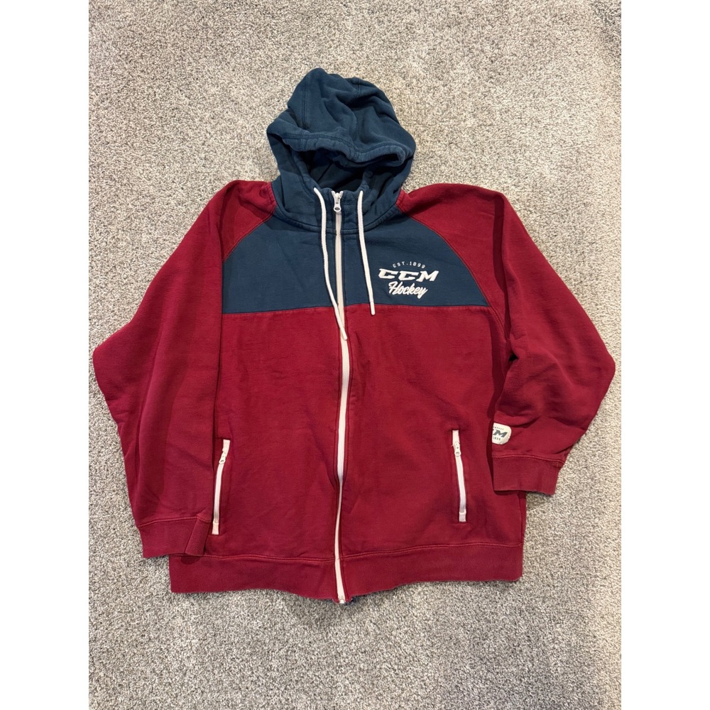 CCM Hoodie‎ Mens 2XL Burgundy Navy CCM Hockey Full Zip Fleece Colorblock